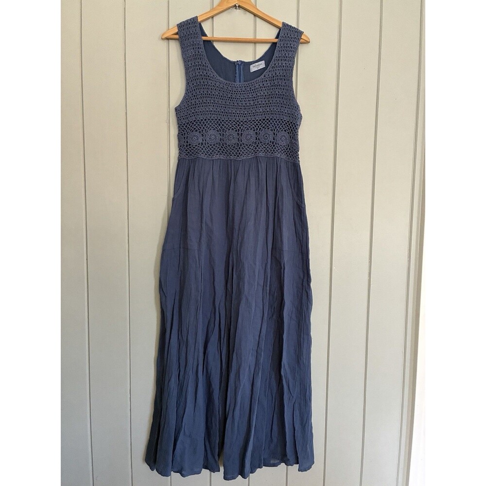 Talisman Jumpsuit M Medium Blue Crochet Top Wide Leg Crinkle Cotton Gauze
